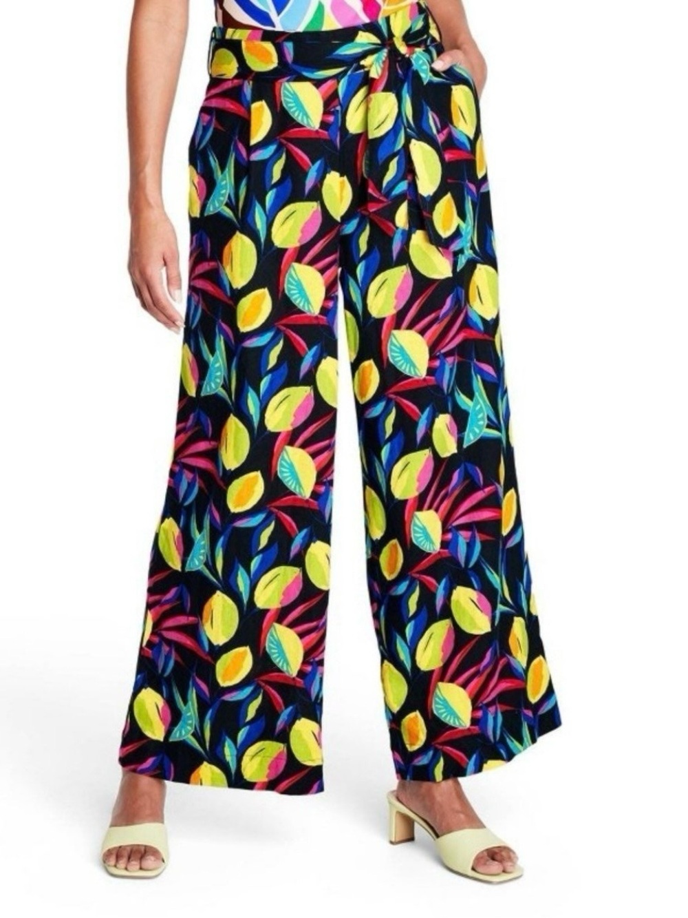 Tabitha Brown x Target Size Small Wide Leg Lemon Print Pants Linen Blend Palazzo